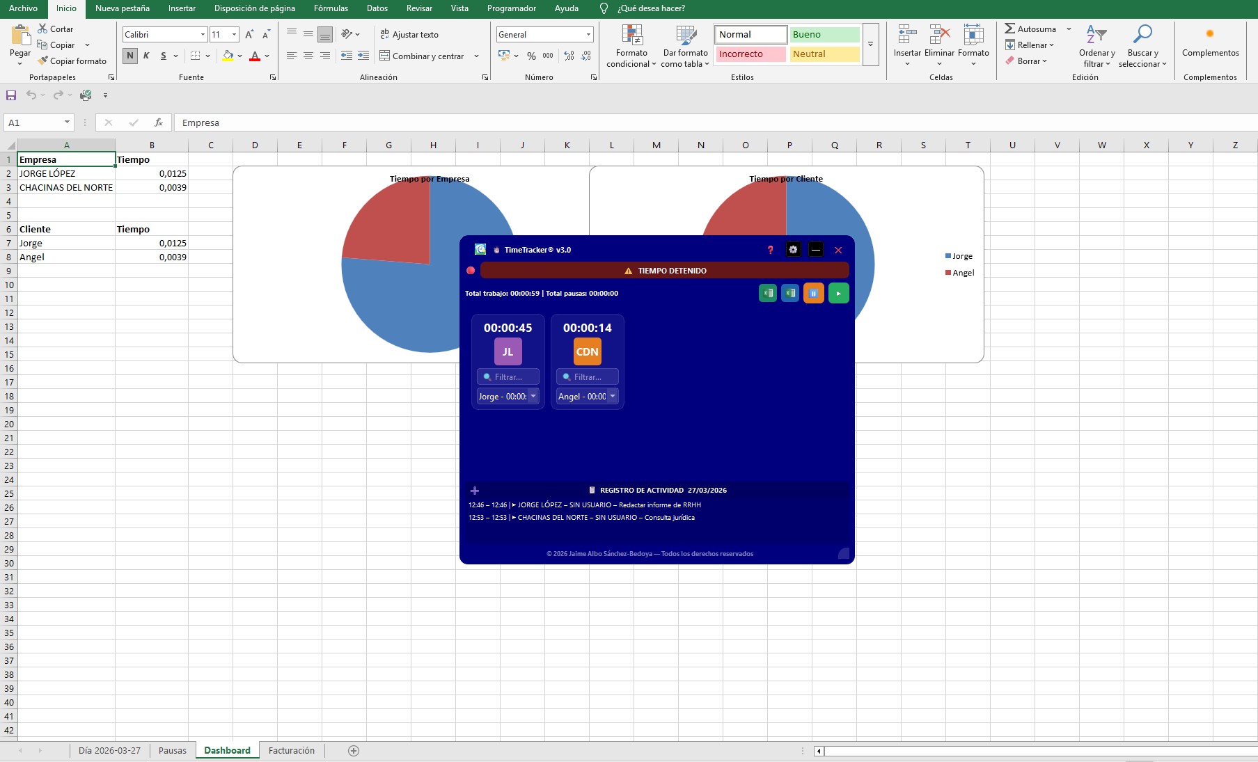 Registro de servicios realizados en excel (dashboard)