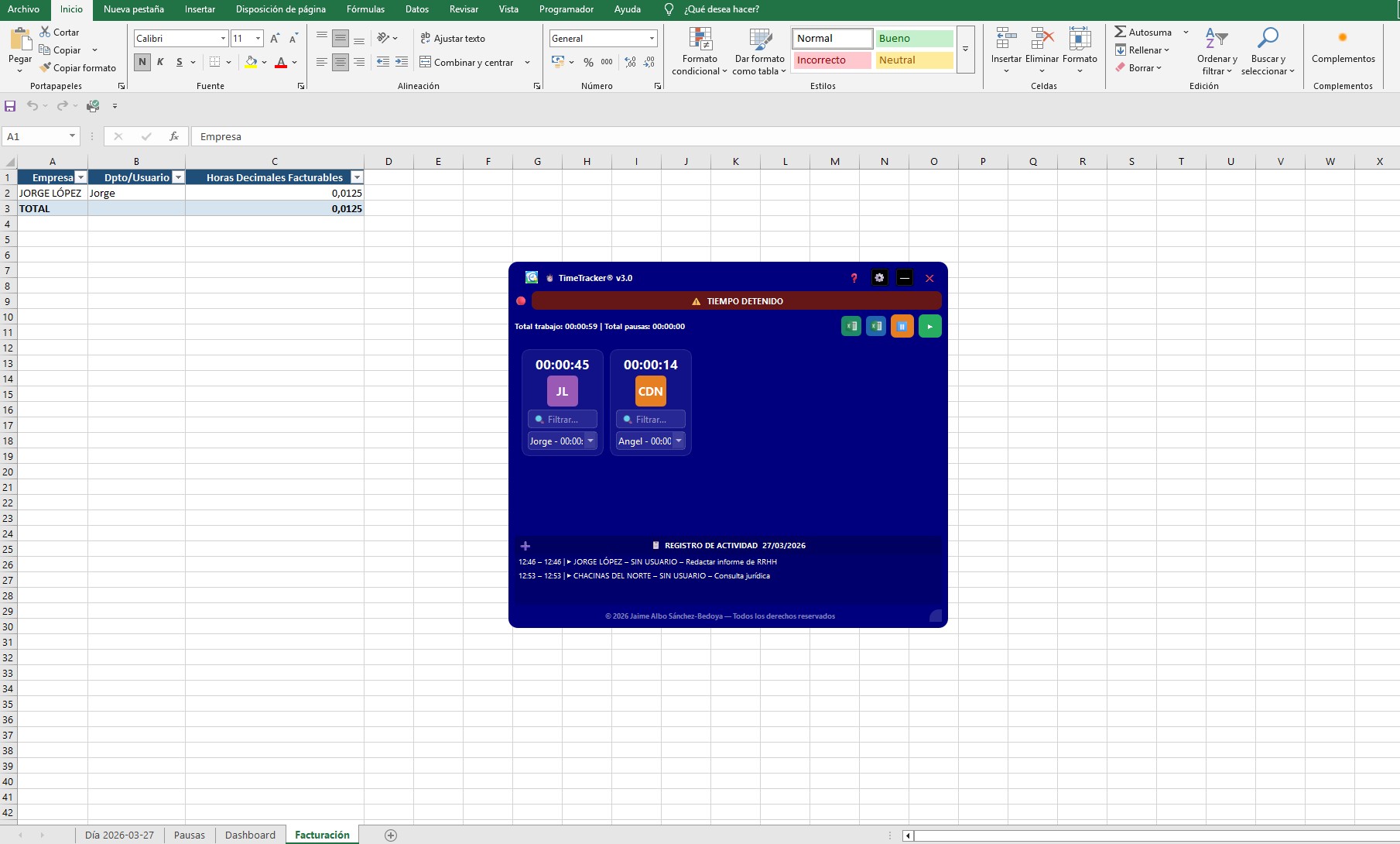 Registro de servicios realizados en excel (facturaci├│n)