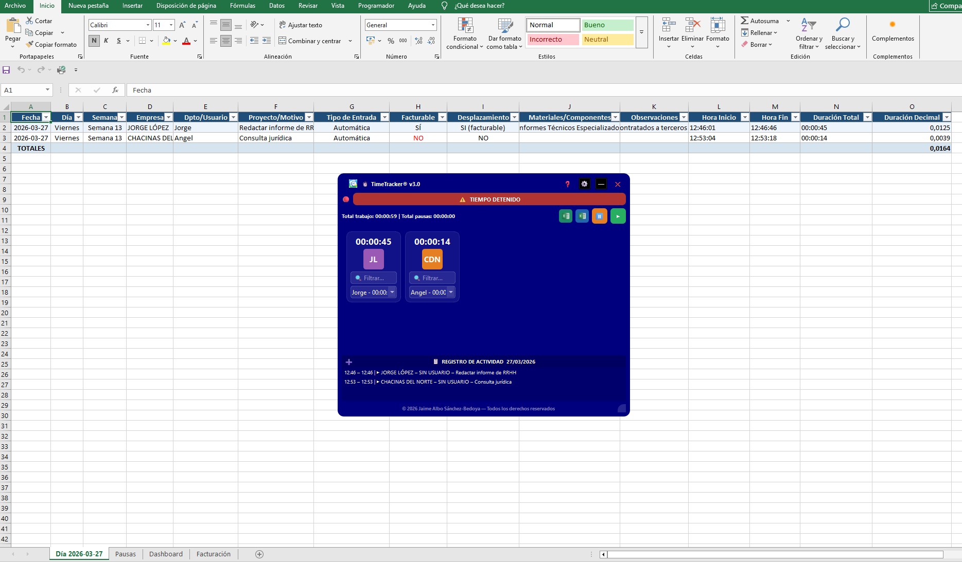 Registro de servicios realizados en excel